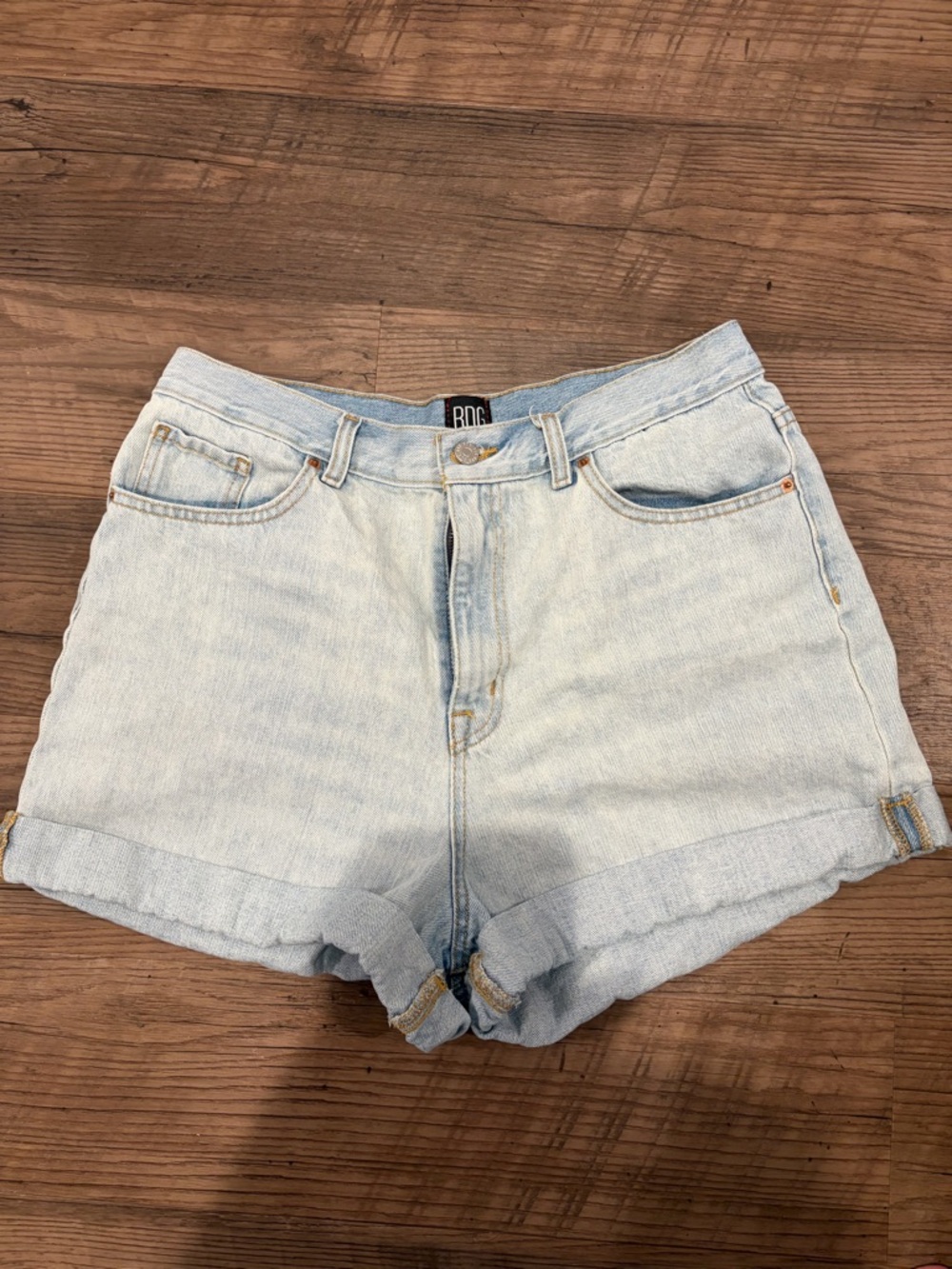 BDG Light Wash High Waist Rolled Hem Denim Shorts - Pale Blue